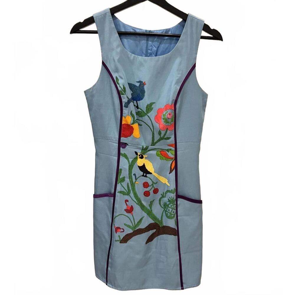 Voom by Joy Han‎ Screen Embroidered Bird Floral Shift Dress Blue Multicolor, S